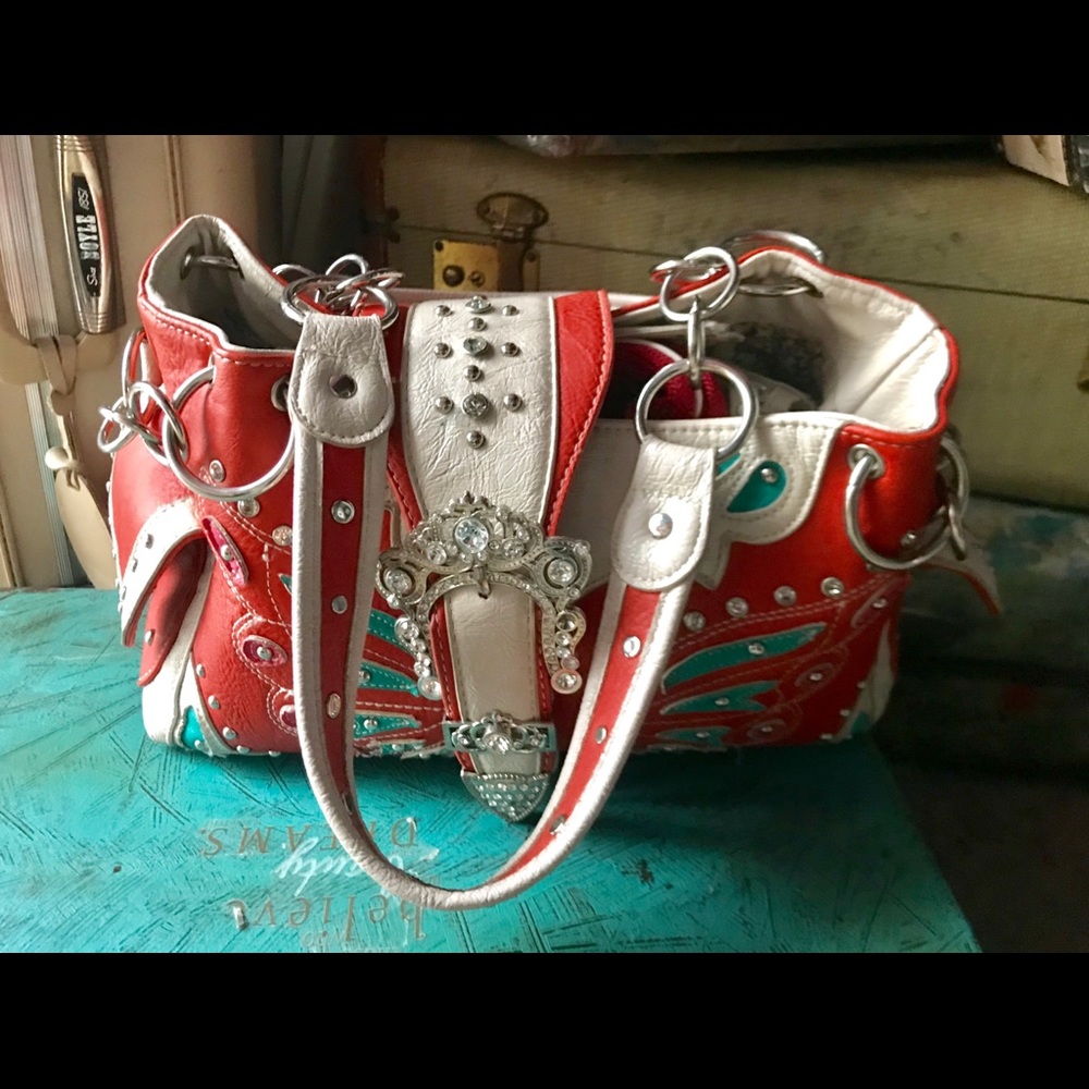 Darling orange, cream and torquois purse w/ bling - Picture 8 of 8